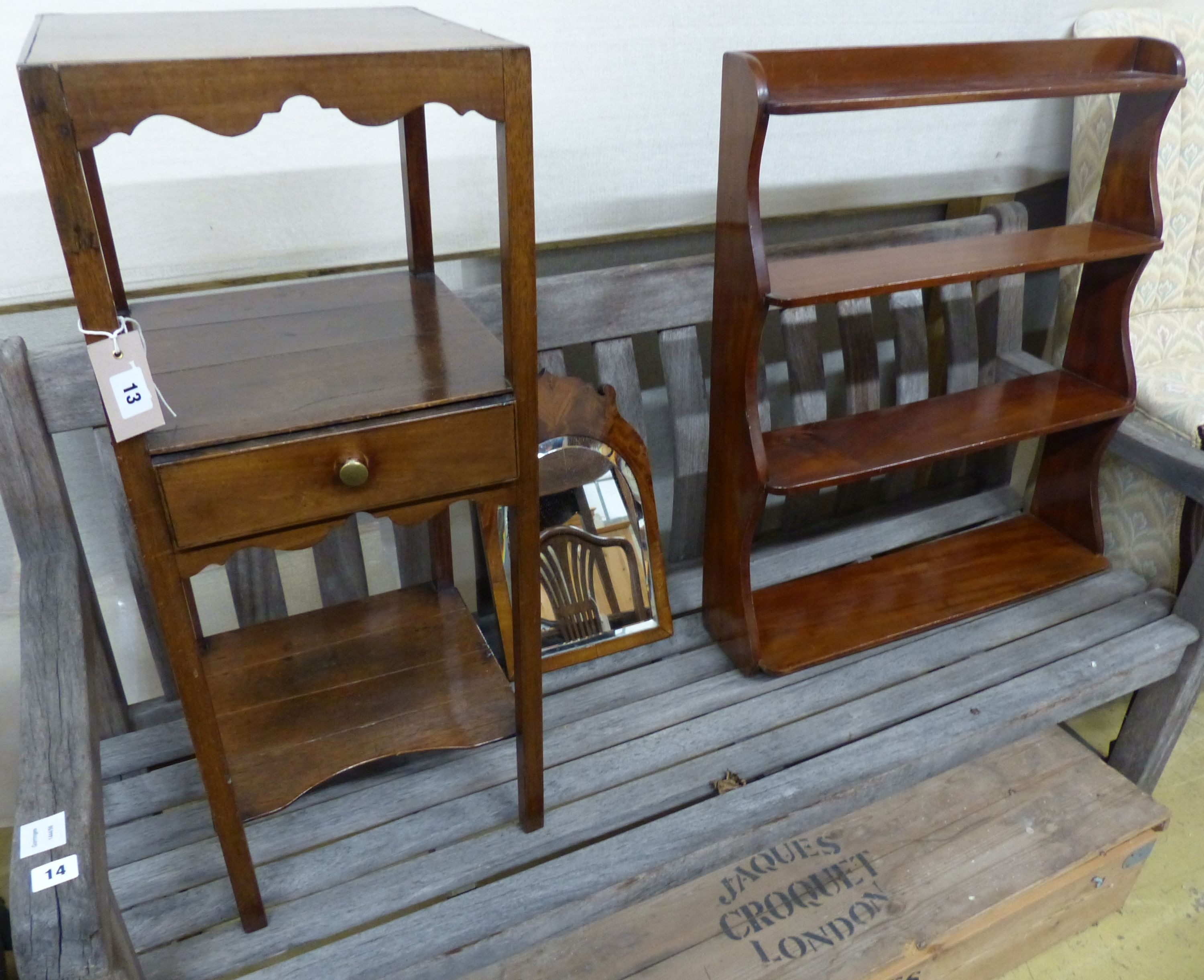 A George III mahogany two tier washstand, W.32cm H.79cm, a Victorian mahogany four tier wall bracket and a wall mirror